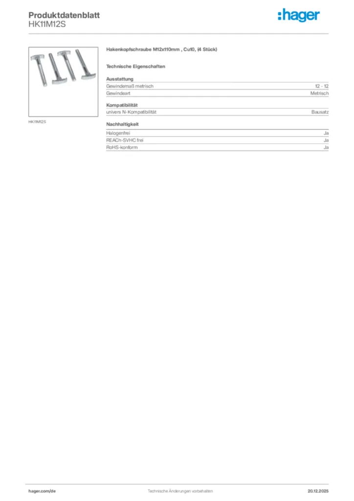 Bild Hager Produktdatenblatt HK11M12S | Hager Deutschland