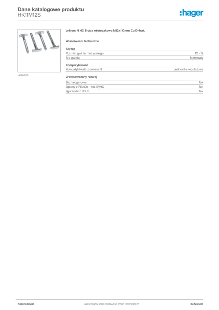 Zdjęcie Hager Karta katalogowa HK11M12S | Hager Polska