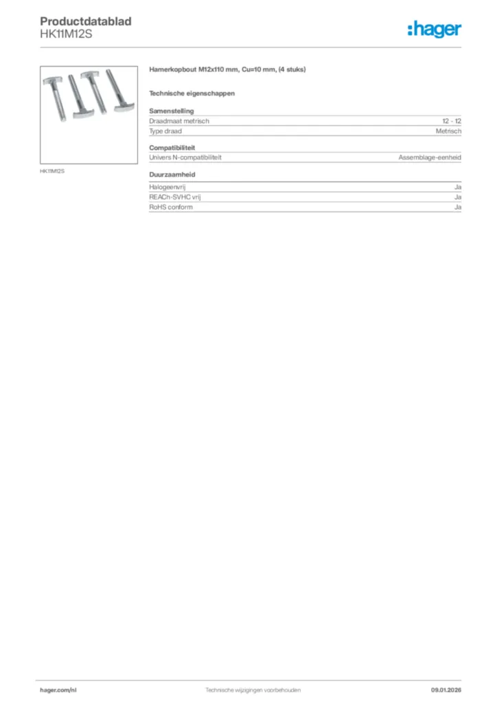 Afbeelding Hager Productdatablad HK11M12S | Hager Nederland