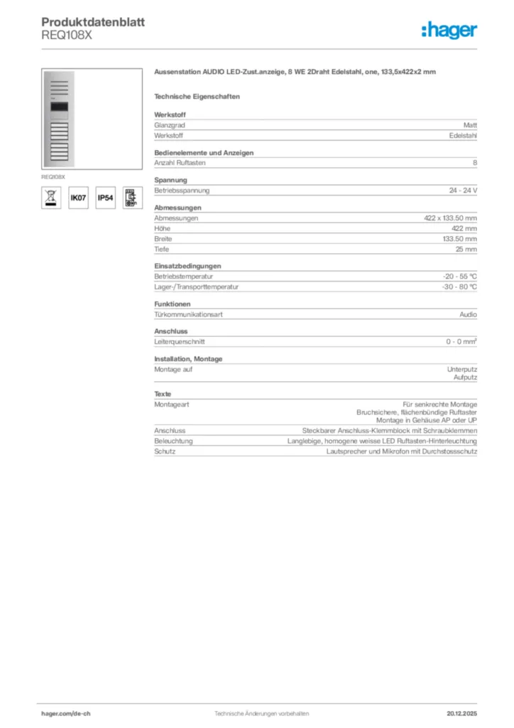 Bild Hager Produktdatenblatt REQ108X | Hager Schweiz