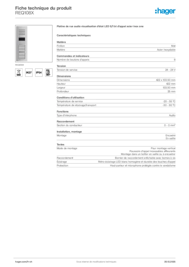 Image Hager Fiche technique du produit REQ108X | Hager Suisse