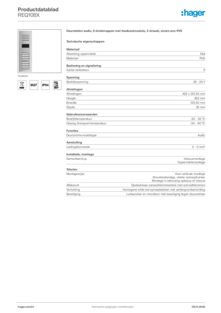 Afbeelding Hager Productdatablad REQ108X | Hager Nederland
