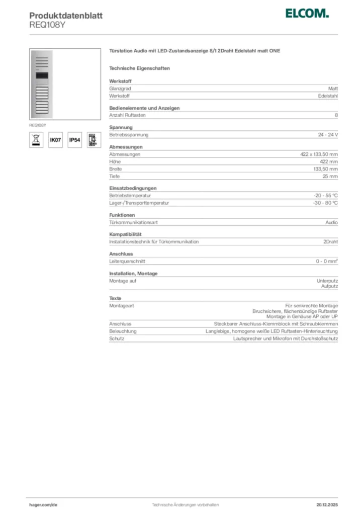 Bild Elcom Produktdatenblatt REQ108Y | Hager Deutschland