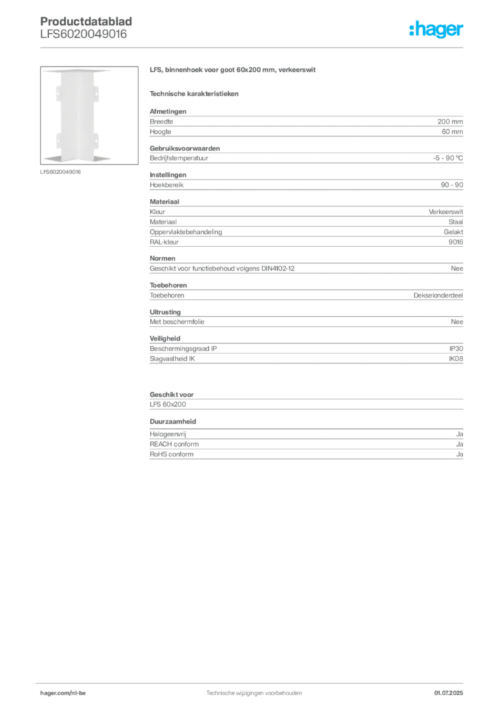 Afbeelding Hager Productdatablad LFS6020049016 | Hager Belgium