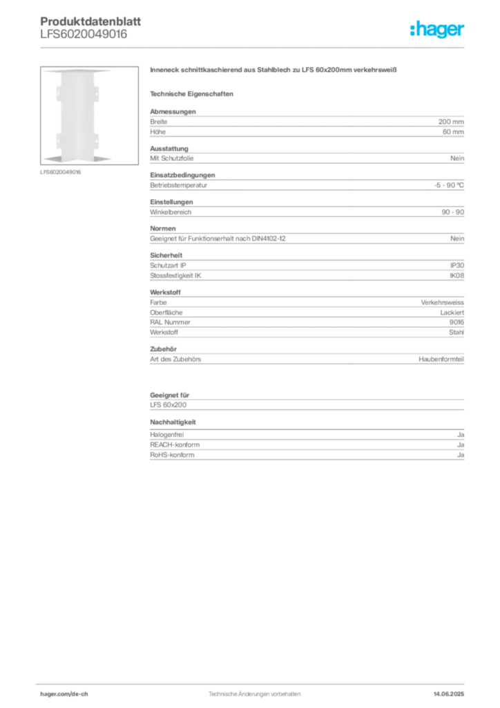 Bild Hager Produktdatenblatt LFS6020049016 | Hager Schweiz