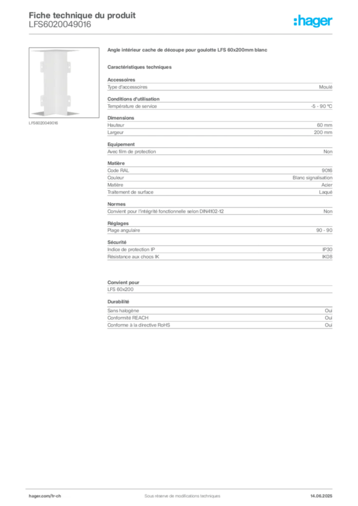Image Hager Fiche technique du produit LFS6020049016 | Hager Suisse