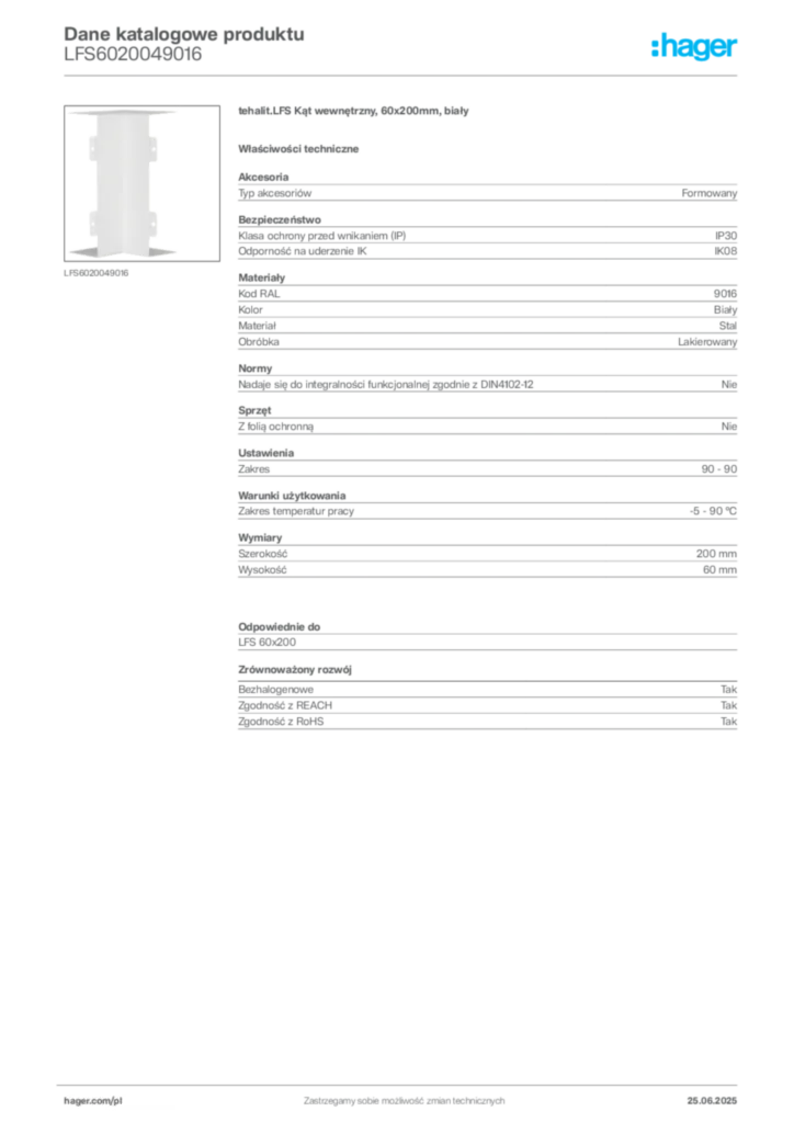 Zdjęcie Hager Karta katalogowa LFS6020049016 | Hager Polska