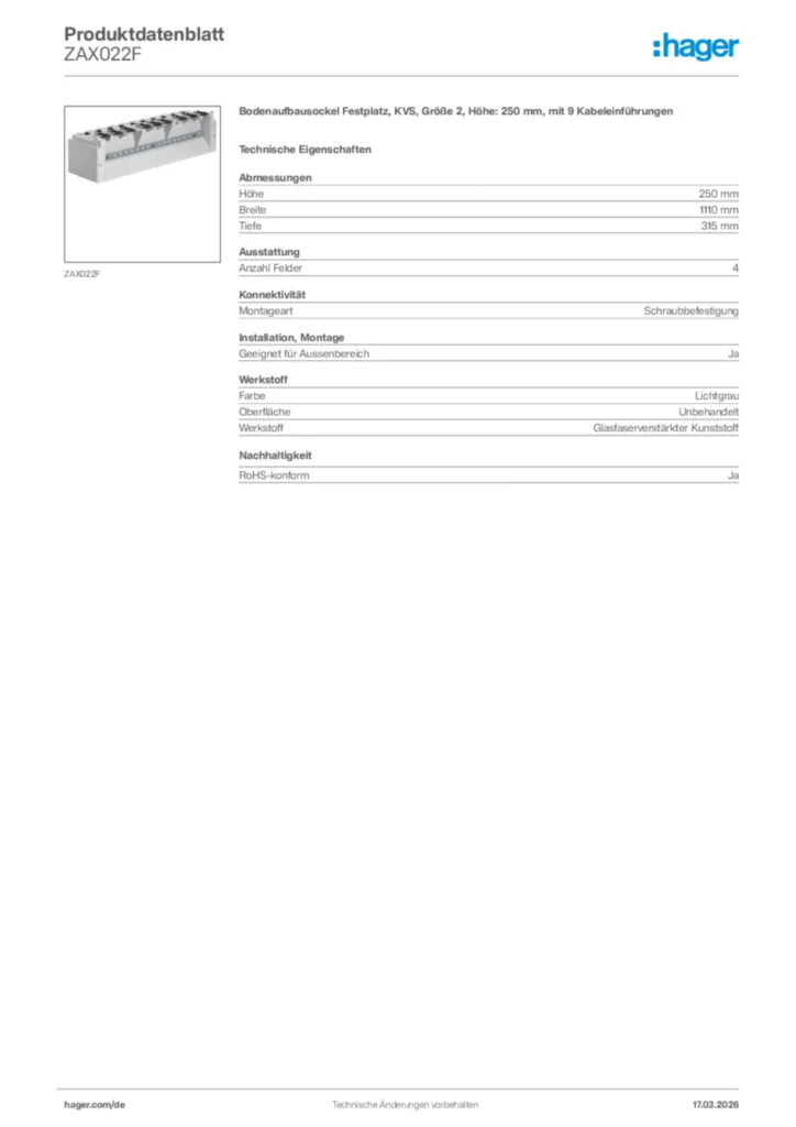 Bild Hager Produktdatenblatt ZAX022F | Hager Deutschland