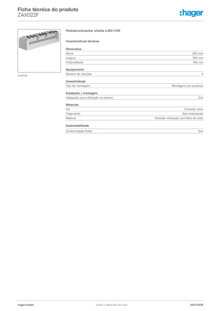 Imagem Hager Ficha técnica do produto ZAX022F | Hager Portugal