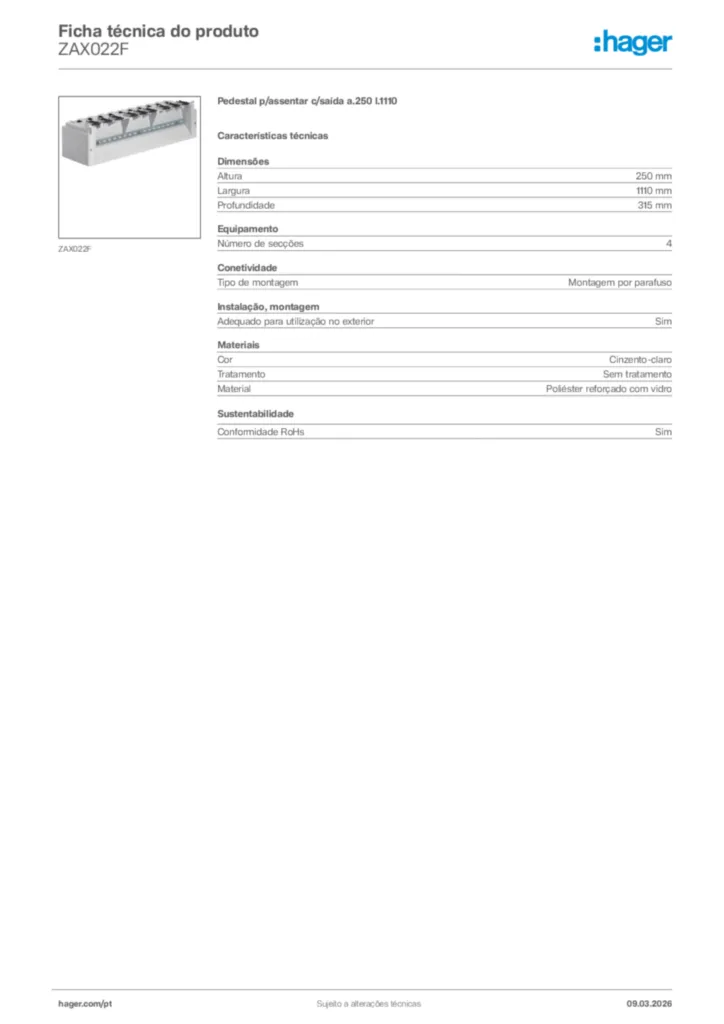 Imagem Hager Ficha técnica do produto ZAX022F | Hager Portugal