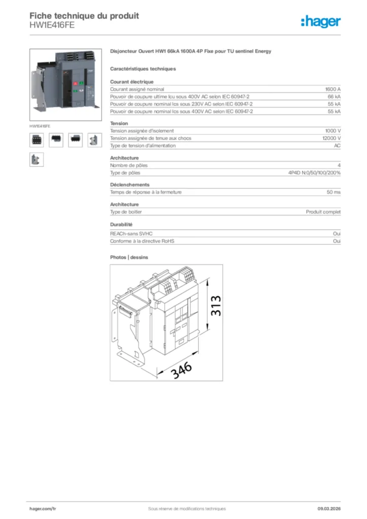 Image Hager Fiche technique du produit HW1E416FE | Hager France