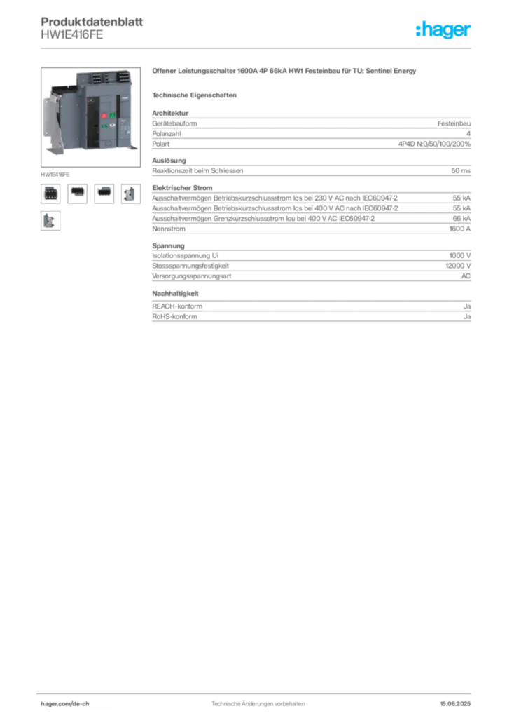 Bild Hager Produktdatenblatt HW1E416FE | Hager Schweiz
