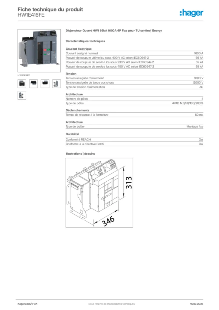 Image Hager Fiche technique du produit HW1E416FE | Hager Suisse