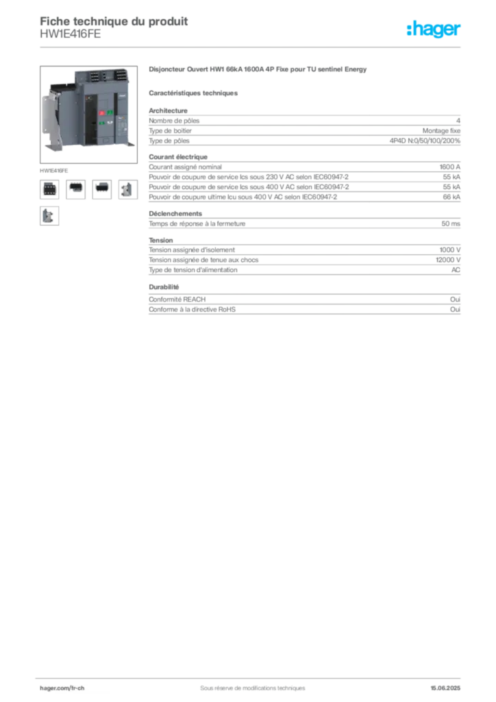 Image Hager Fiche technique du produit HW1E416FE | Hager Suisse