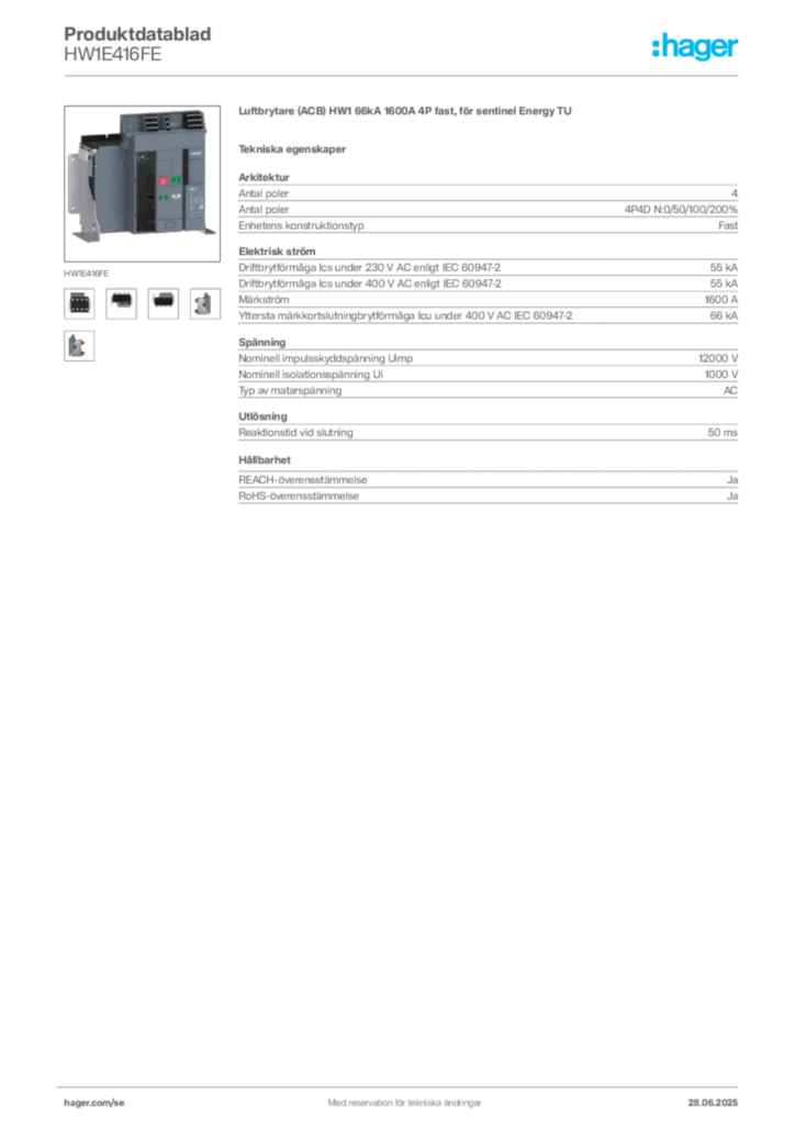 Bild Hager Produktdatablad HW1E416FE | Hager Sverige
