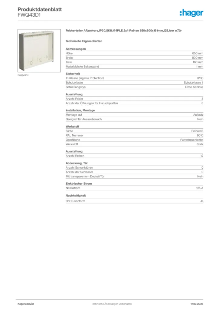 Bild Hager Produktdatenblatt FWQ43D1 | Hager Deutschland
