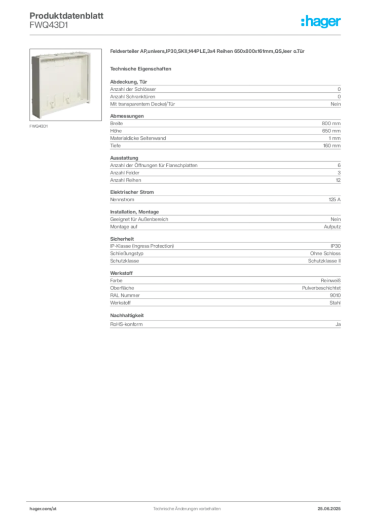 Bild Hager Produktdatenblatt FWQ43D1 | Hager Deutschland