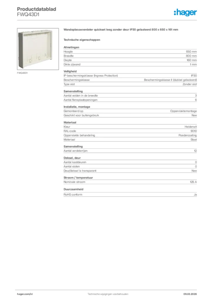 Afbeelding Hager Productdatablad FWQ43D1 | Hager Nederland