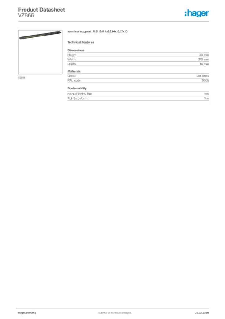 Image Hager Product data sheet VZ866  | Hager