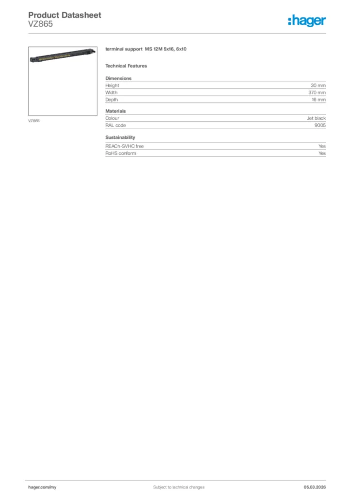 Image Hager Product data sheet VZ865  | Hager
