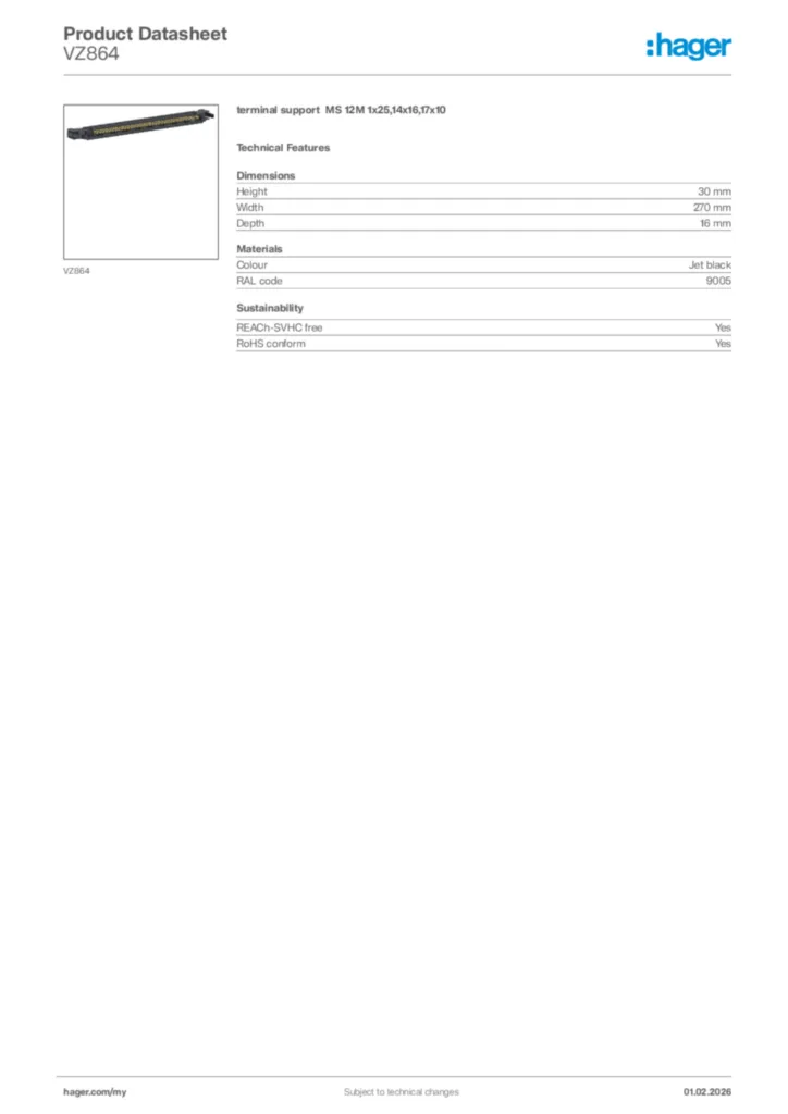 Image Hager Product data sheet VZ864  | Hager
