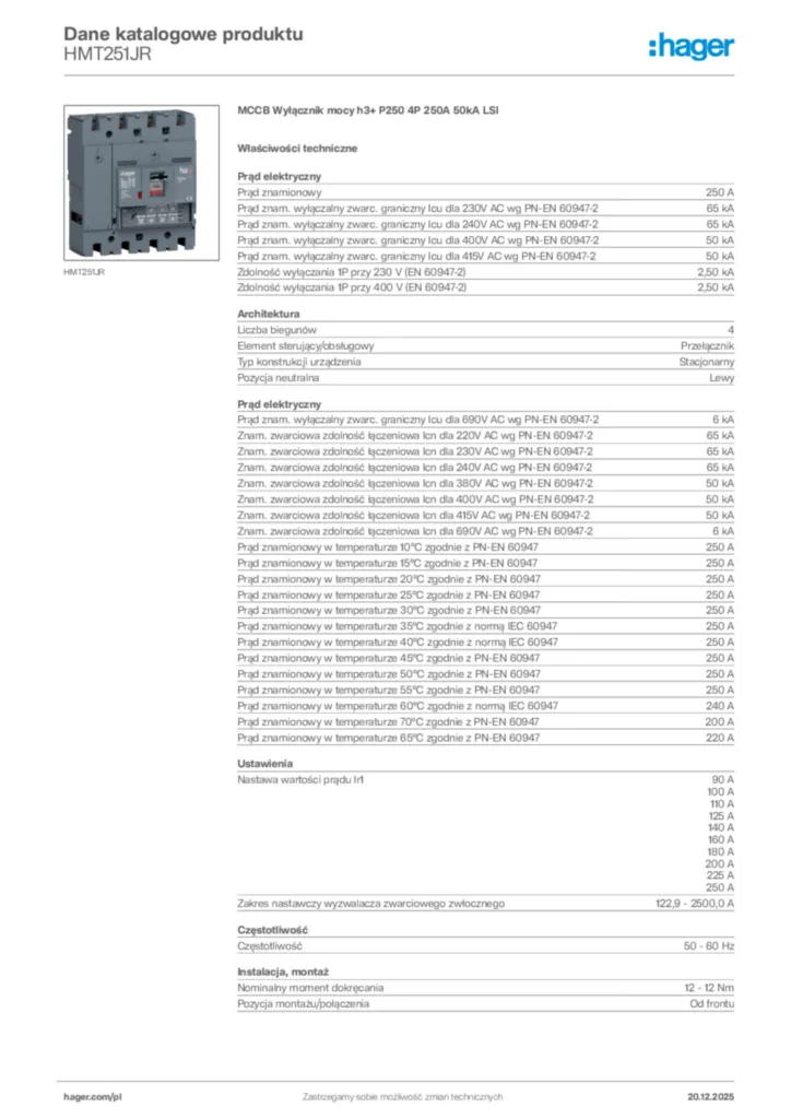 Zdjęcie Hager Karta katalogowa HMT251JR | Hager Polska