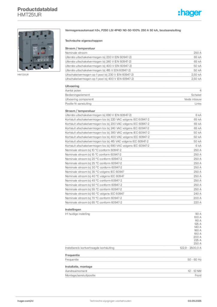Afbeelding Hager Productdatablad HMT251JR | Hager Nederland