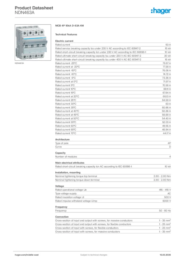 Image Hager Product data sheet NDN463A  | Hager