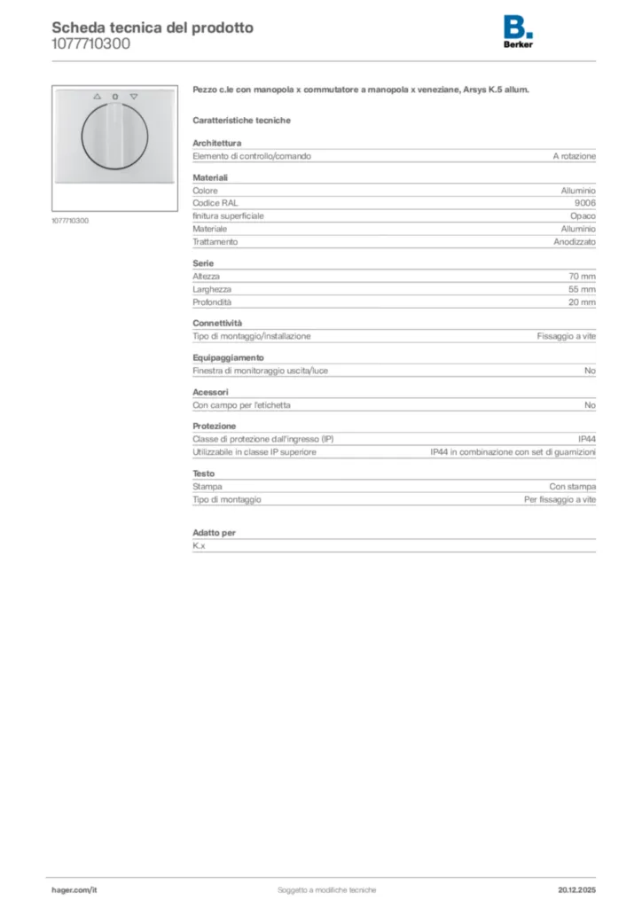 Immagine Berker Scheda tecnica del prodotto 1077710300 | Hager Italia