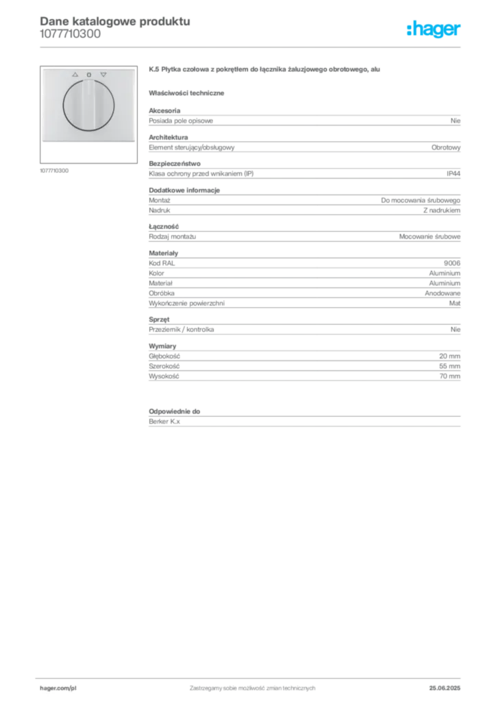 Zdjęcie Hager Karta katalogowa 1077710300 | Hager Polska