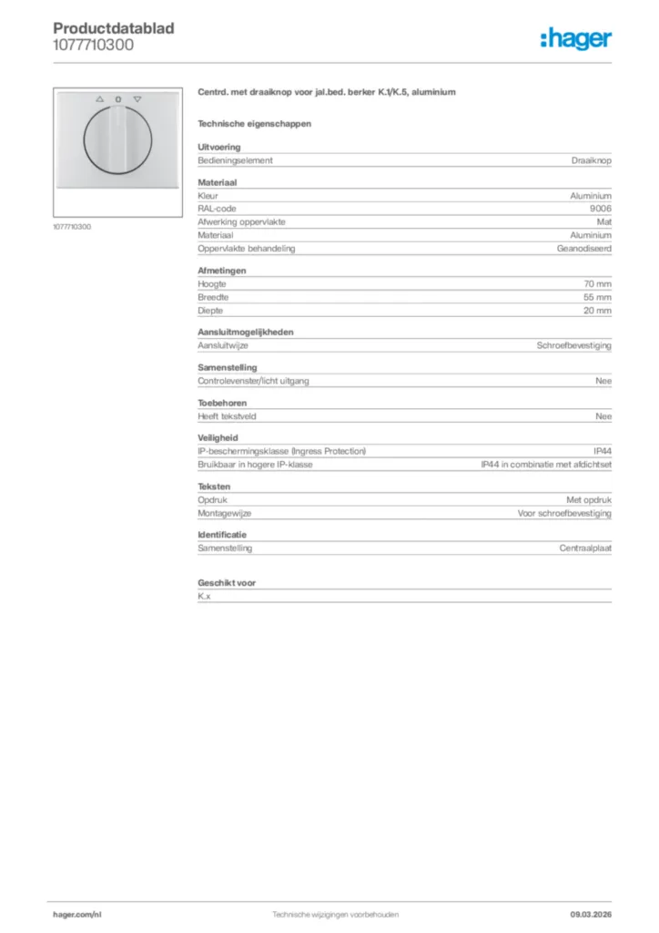 Afbeelding Hager Productdatablad 1077710300 | Hager Nederland