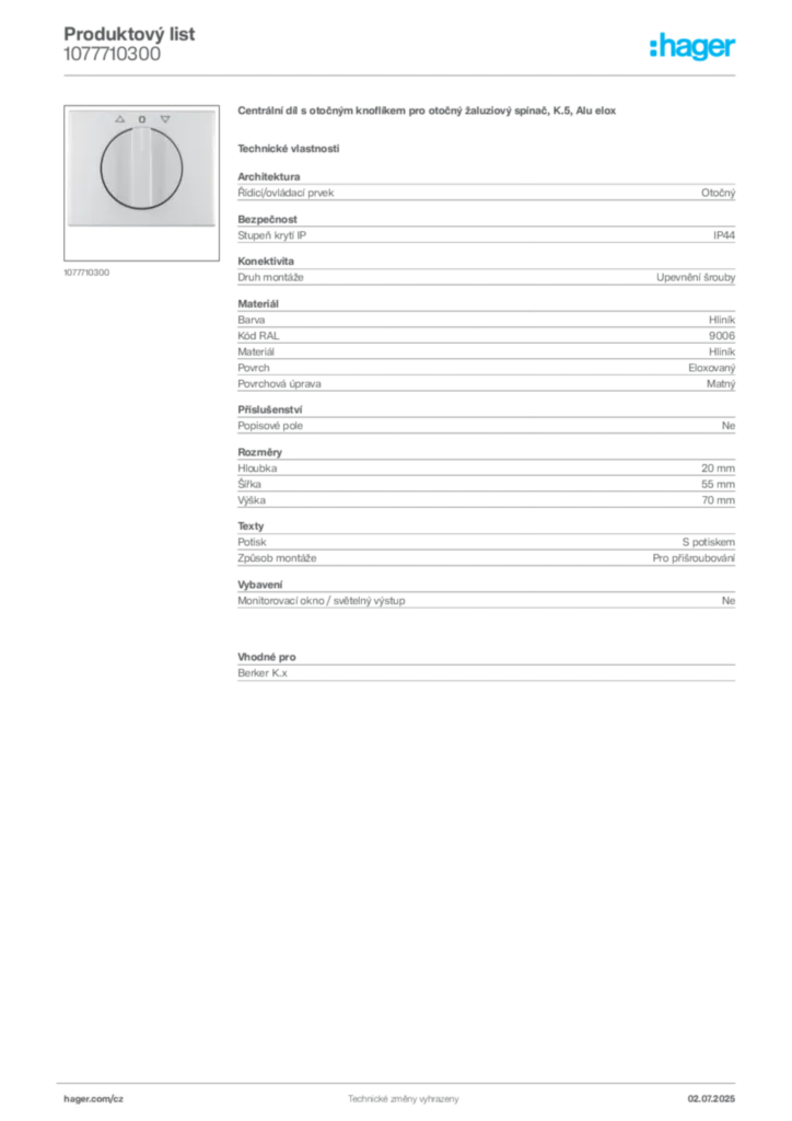 Obrázek Hager Produktový list 1077710300 | Hager