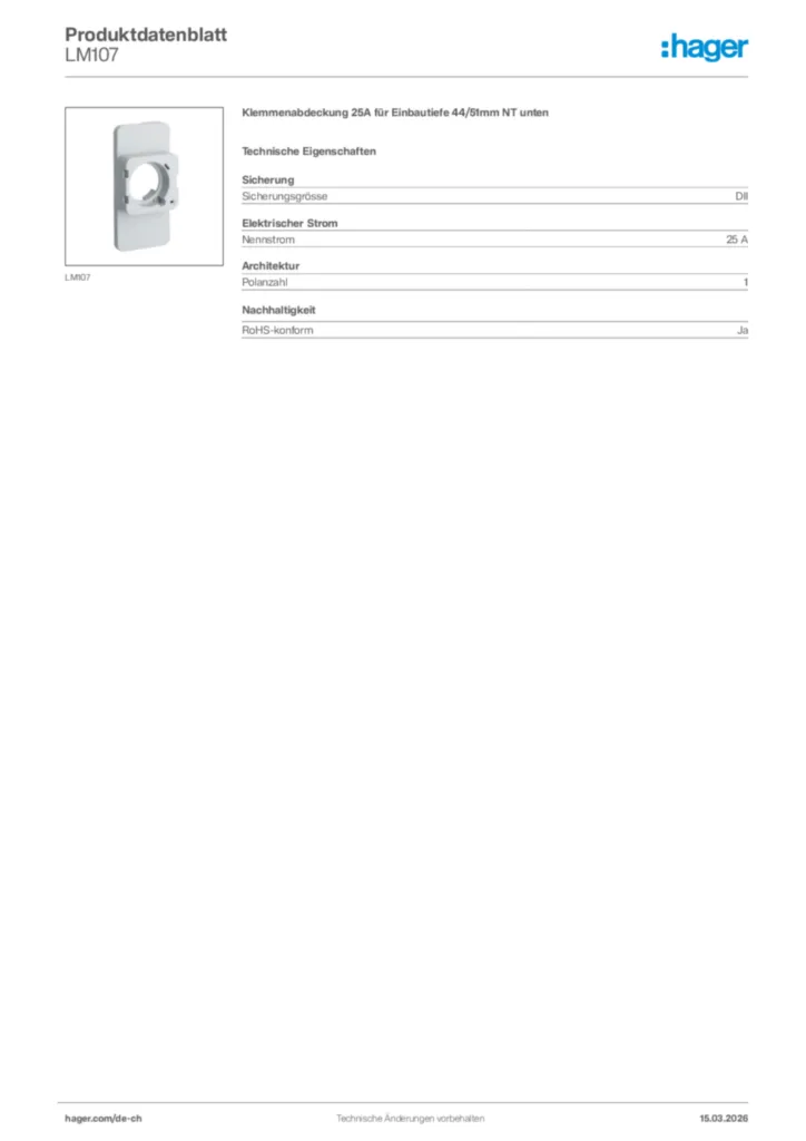 Bild Hager Produktdatenblatt LM107 | Hager Schweiz