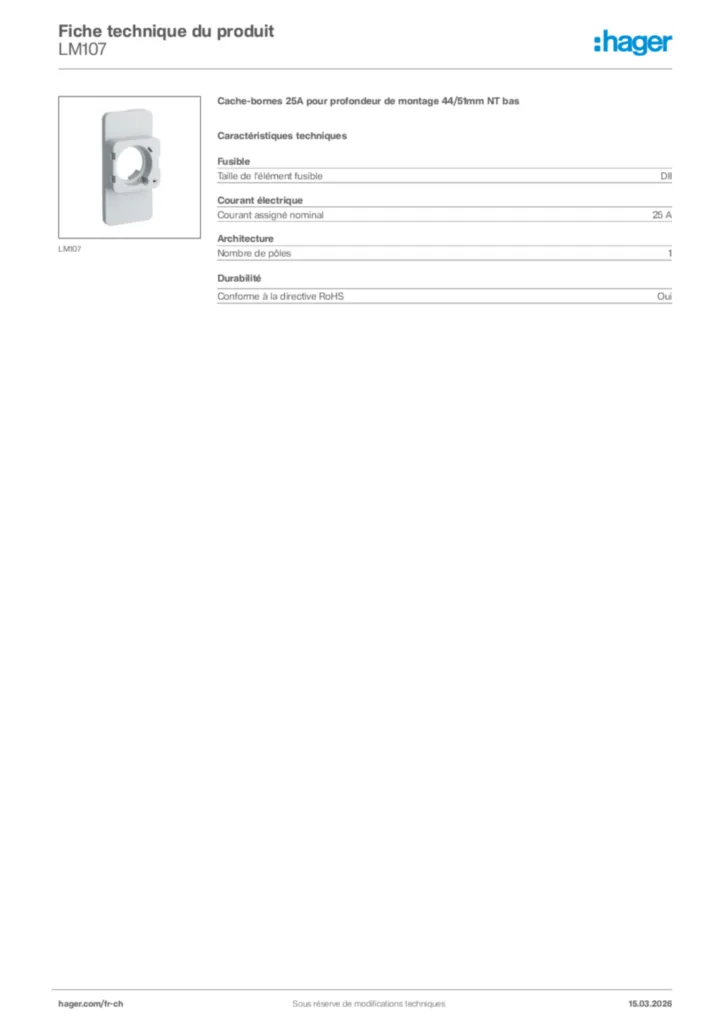 Image Hager Fiche technique du produit LM107 | Hager Suisse