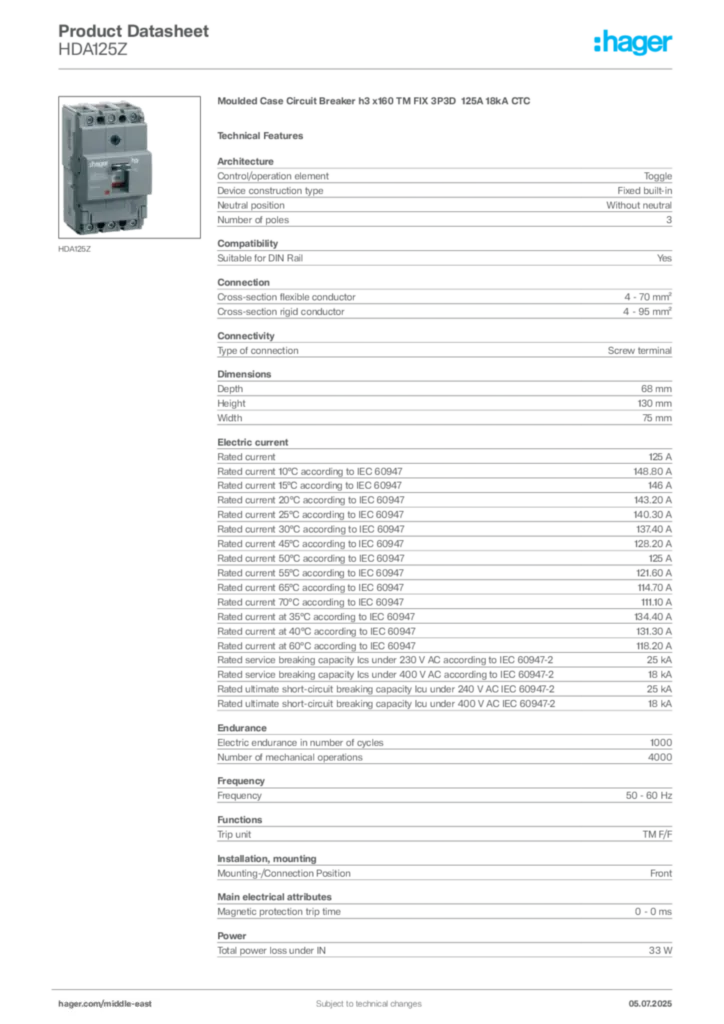 Image Hager Product data sheet HDA125Z  | Hager