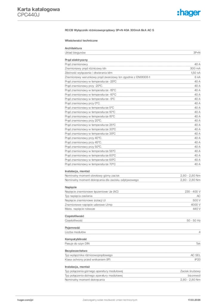 Zdjęcie Hager Karta katalogowa CPC440J | Hager Polska