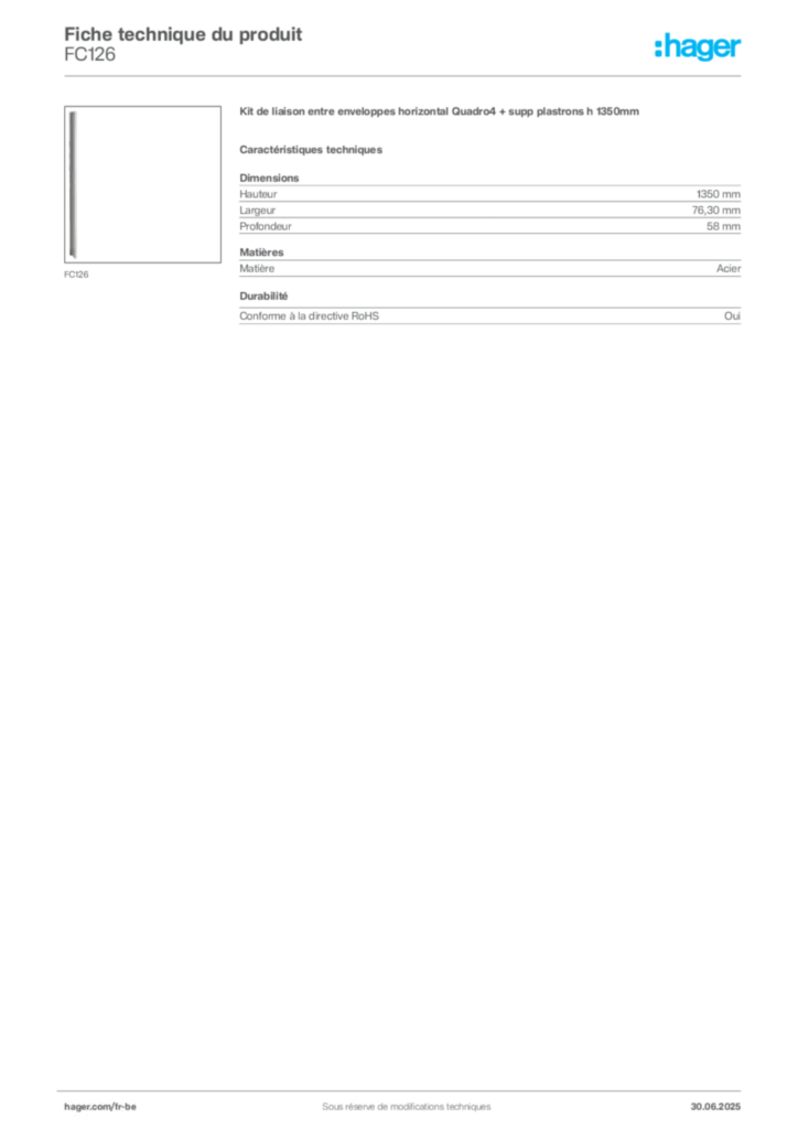 Image Hager Fiche technique du produit FC126 | Hager Belgique