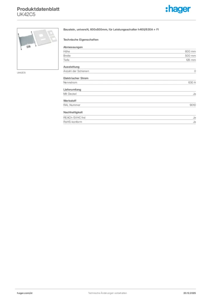 Bild Hager Produktdatenblatt UK42C5 | Hager Deutschland