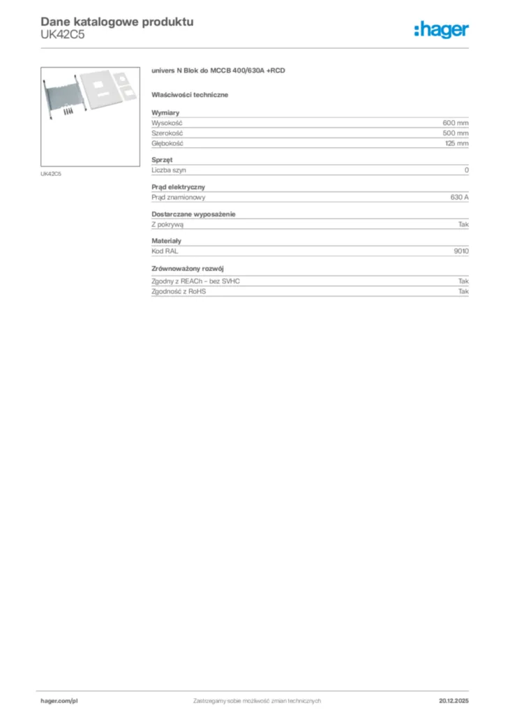 Zdjęcie Hager Karta katalogowa UK42C5 | Hager Polska