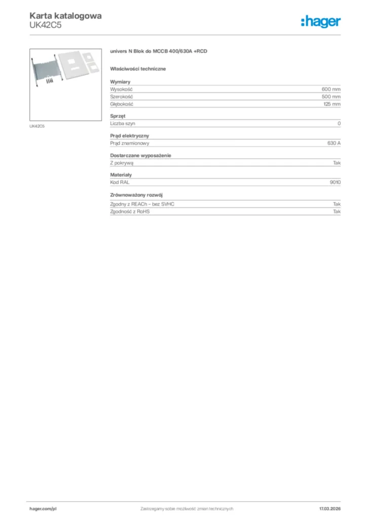 Zdjęcie Hager Karta katalogowa UK42C5 | Hager Polska