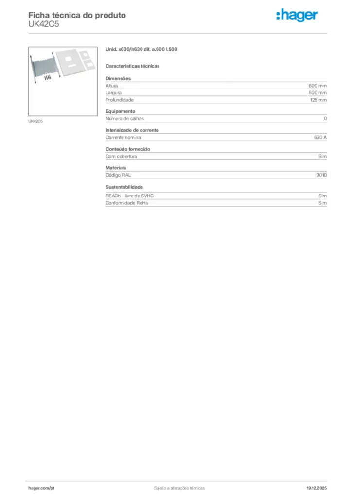 Imagem Hager Ficha técnica do produto UK42C5 | Hager Portugal