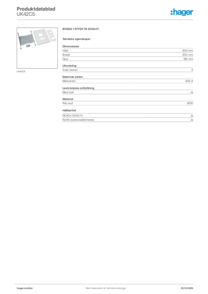 Bild Hager Produktdatablad UK42C5 | Hager Sverige