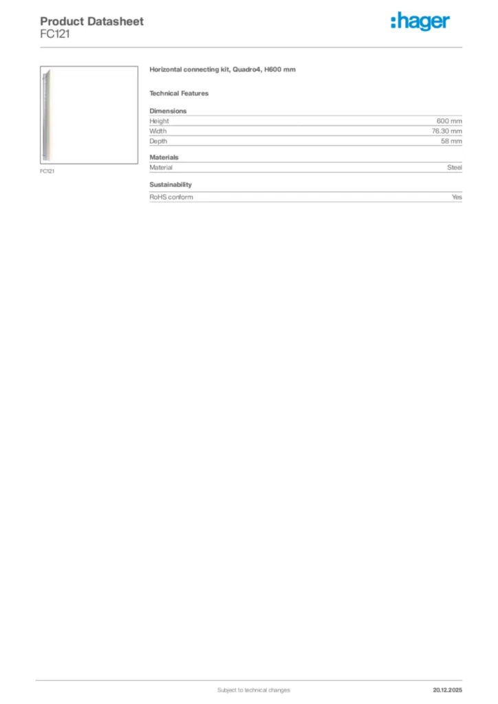 Image Hager Product data sheet FC121  | Hager Africa