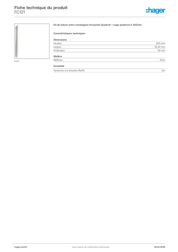Image Hager Fiche technique du produit FC121 | Hager France