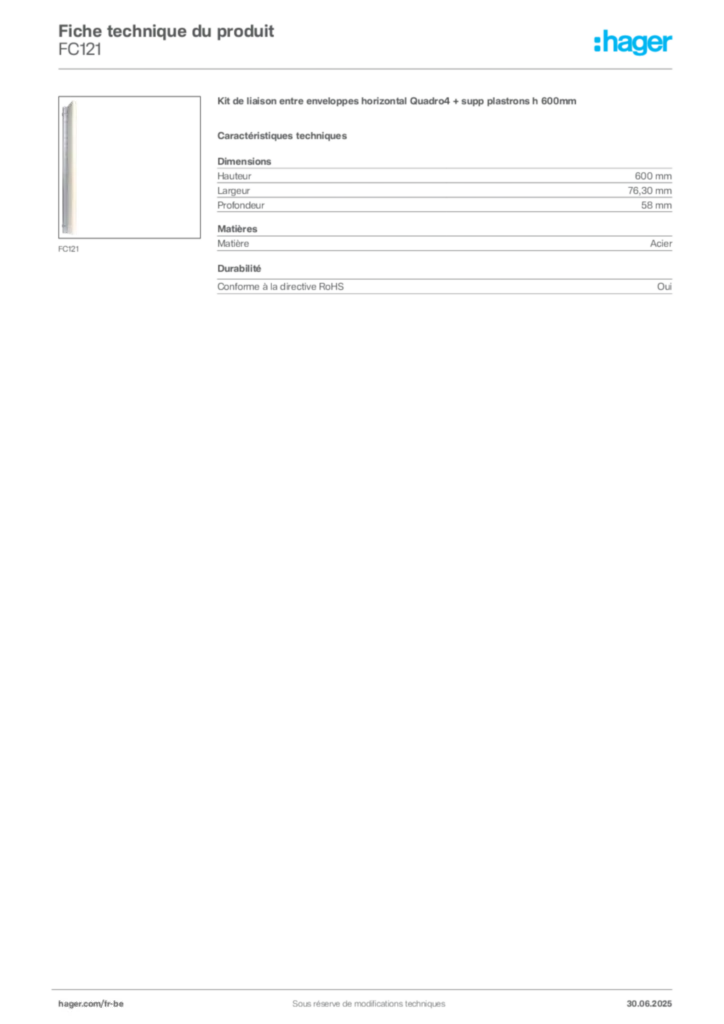 Image Hager Fiche technique du produit FC121 | Hager Belgique