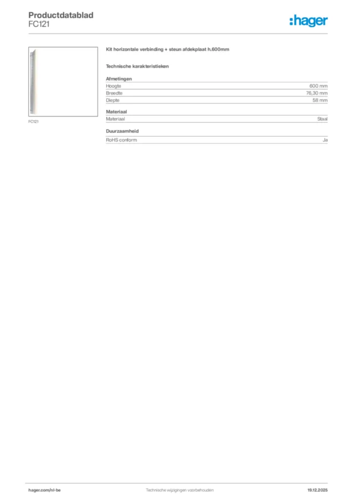 Afbeelding Hager Productdatablad FC121 | Hager Belgium