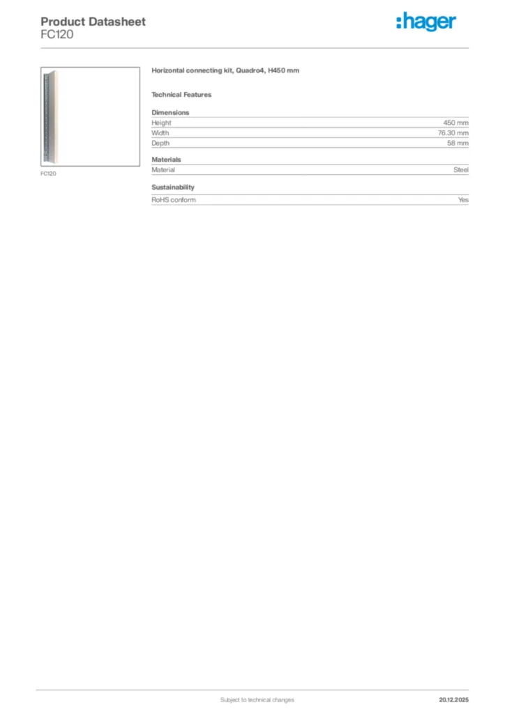 Image Hager Product data sheet FC120  | Hager Africa