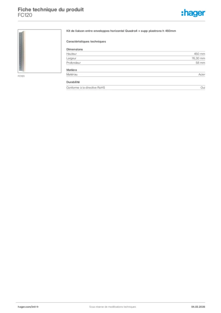 Image Hager Fiche technique du produit FC120 | Hager Afrique