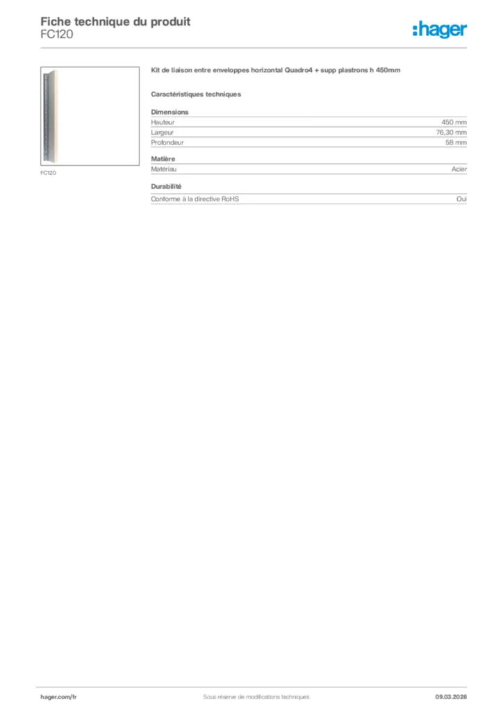 Image Hager Fiche technique du produit FC120 | Hager France