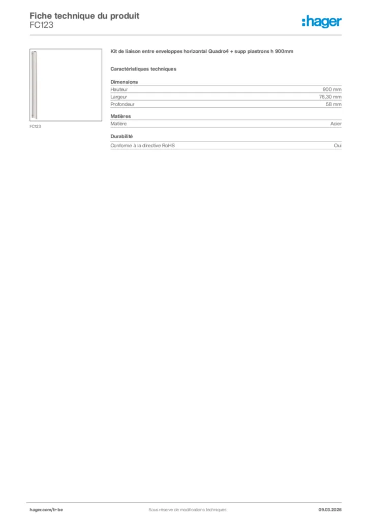 Image Hager Fiche technique du produit FC123 | Hager Belgique